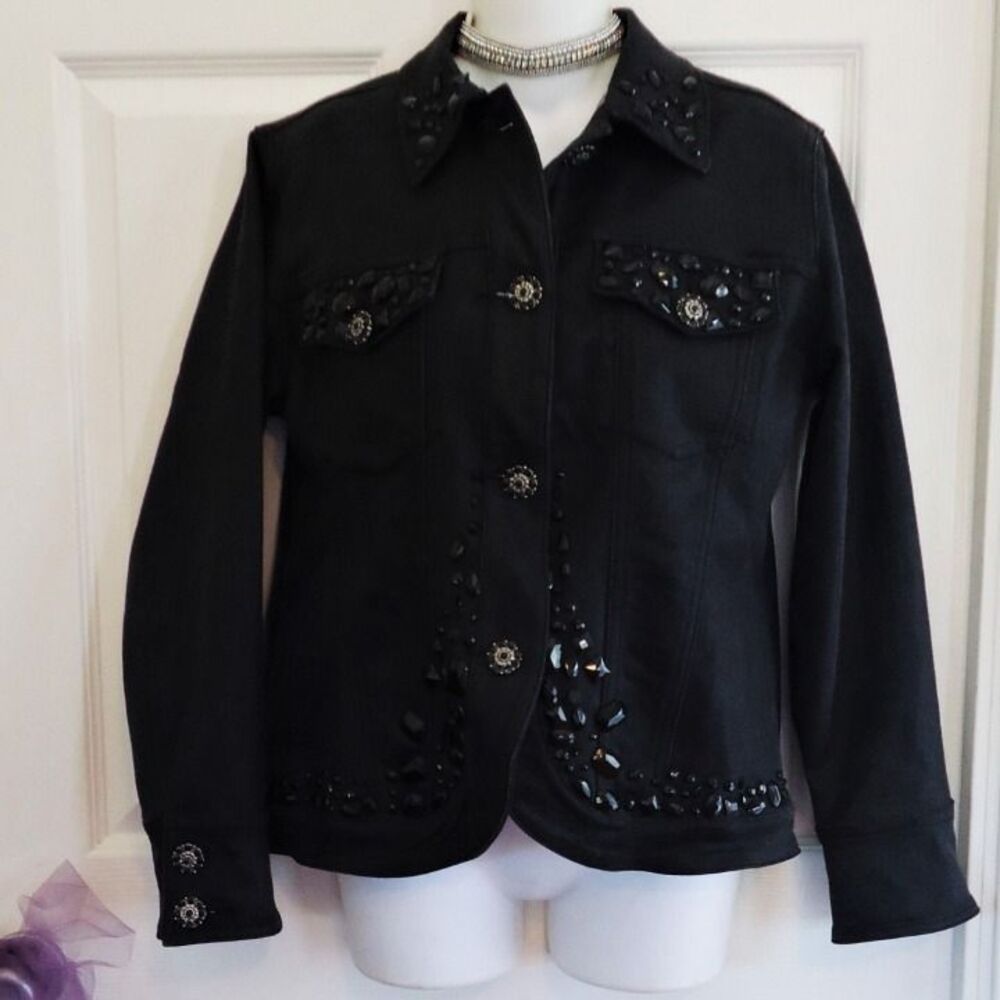 DIANE GILMAN BLACK SHIMMER DENIM JACKET SIZE XS